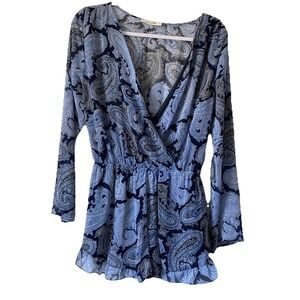 Honey Belle Romper Micro-Shorts Ruffle Hem Paisley Plunge Flowy Sleeves Fairy Sm